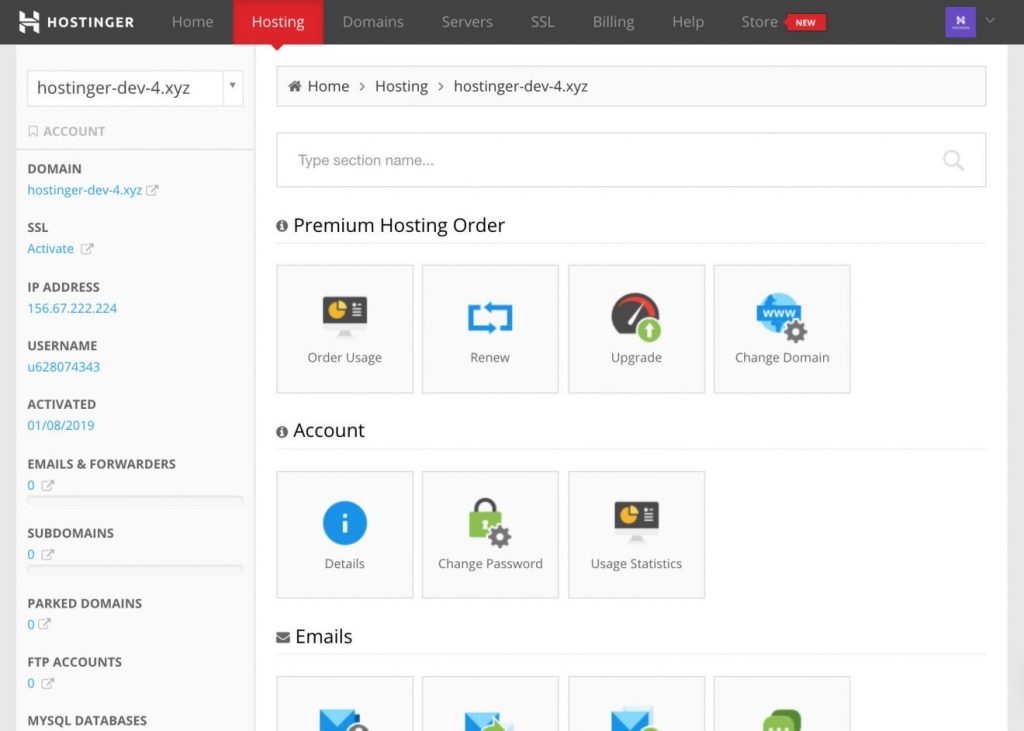 In the Nexym Hostinger review, take a look at the custom hosting control panel and dashboard called hPanel provided by Hostinger.