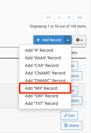 On your DNS manager, click on Add MX Record to add your MX records.